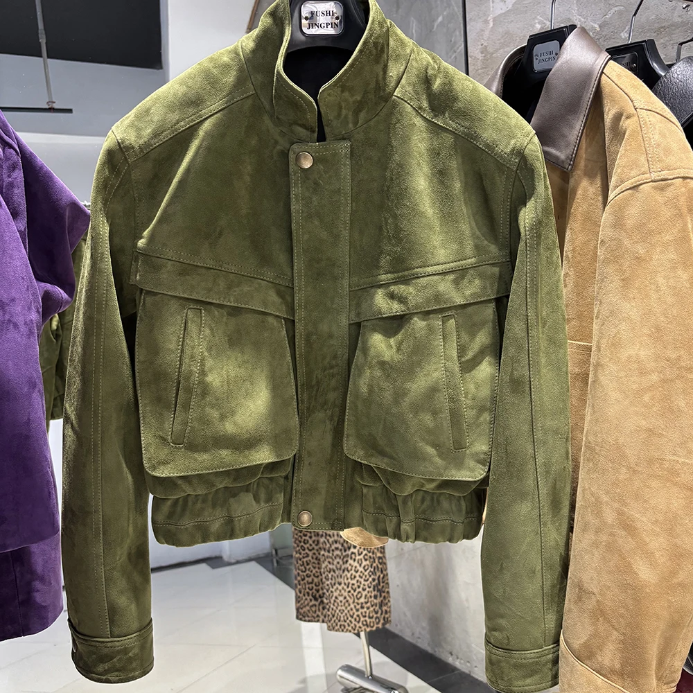 YOLOAgain 2026 Spring Short Suede Bomber Jacket Women Genuine Sheepskin Leather Jacket Ladies