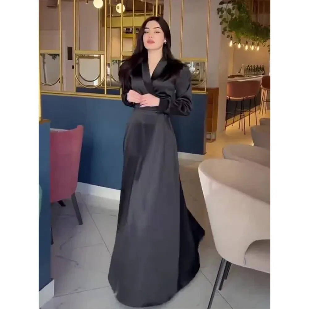 2024 Long Sleeve Muslim Dress Satin V neck Long-sleeved lace-up Dress for Women Casual Female Clothing Holiday Lady Vestidos