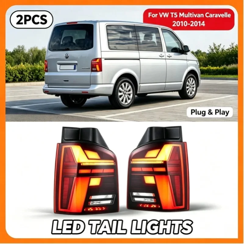 2 Stück Voll-LED-Rückleuchten für VW T5 Multivan Caravelle 2010-2014, dynamischer sequenzieller Blinker, ECE-zugelassene Rückleuchte, Plug-and-Play