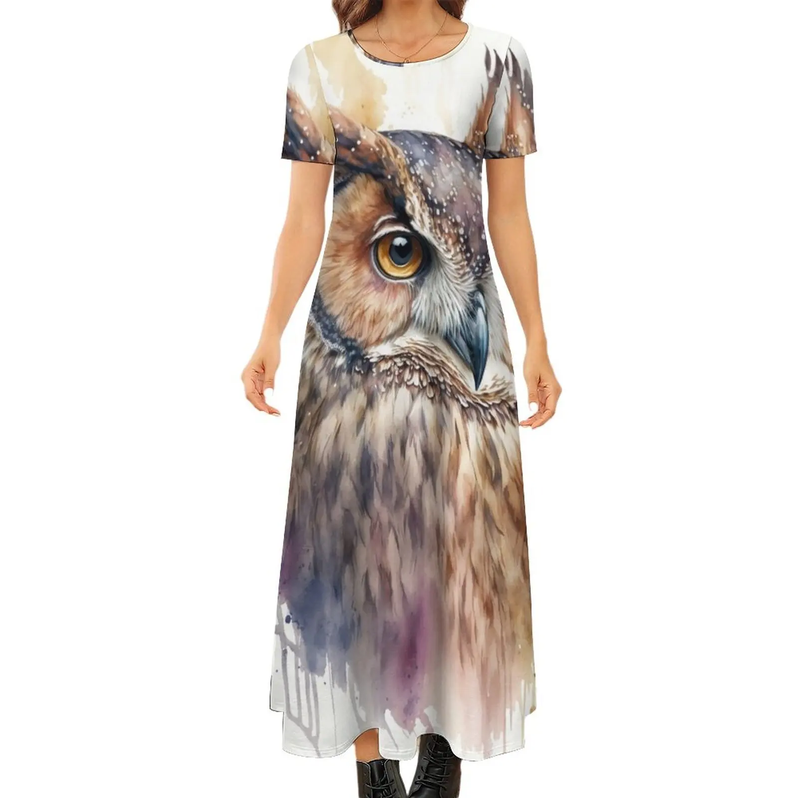 

Boho Owl: Watercolor painting of a Beautiful Owl Round Neck Short Sleeve Dress summer dresses for women 2024 evening dress