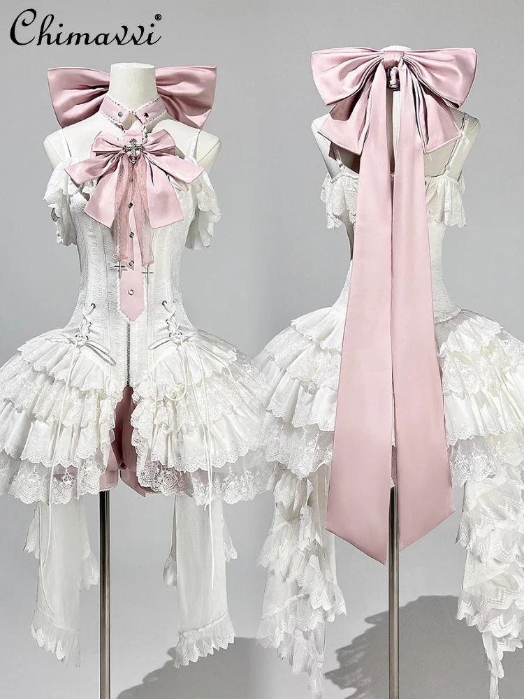 Ballett Sommer Damen Elegantes Cla JSK Hosenträgerkleid Prinzessin Süße Mädchen Große Satin Schleife Band Schlankes Fishbone Spitzenkleid Lolita