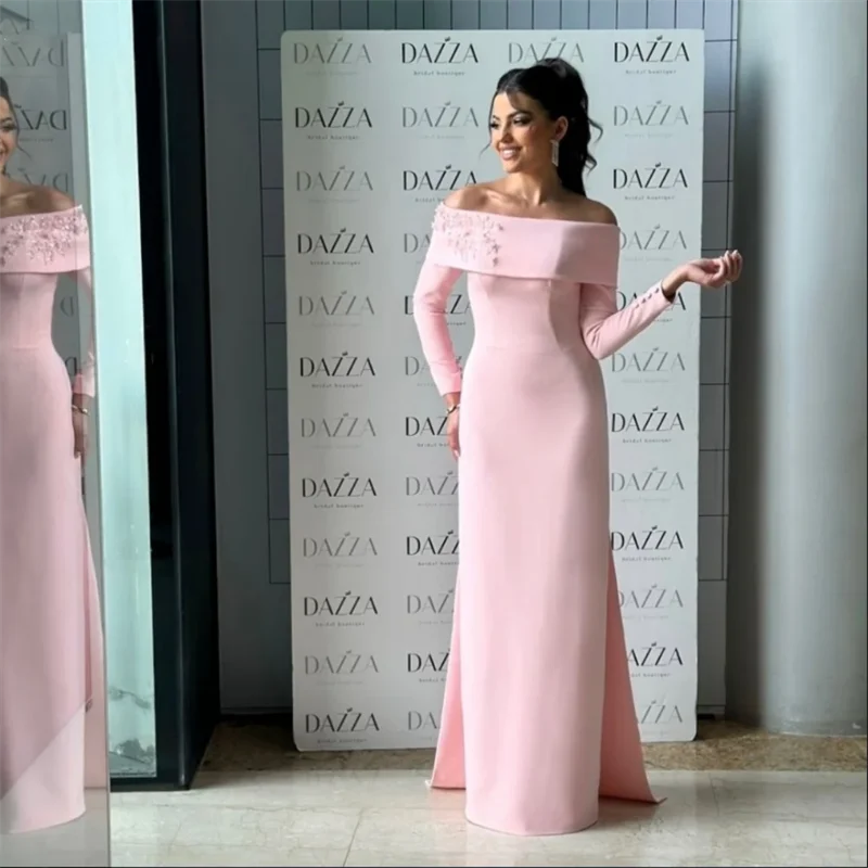   فساتين سهرة مخصصة مزينة باللؤلؤ الوردي de soirée بكتف واحد وأكمام طويلة بطول الأرض فستان زفاف 2026