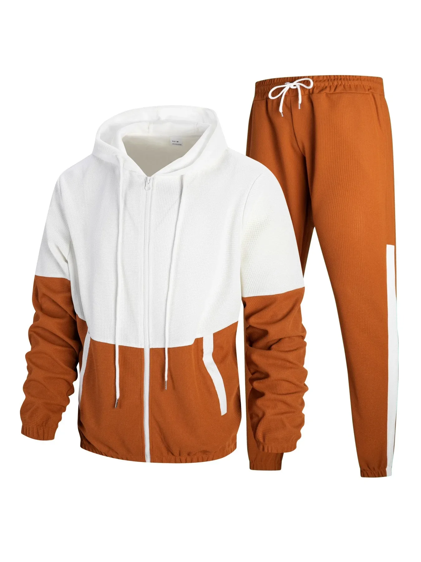 2025Men's Neue Frühling und Herbst Kapuze Waffel Farbe Passende Jacke Freizeit jacke Sport Zwei Hosen Anzug Sport Sui