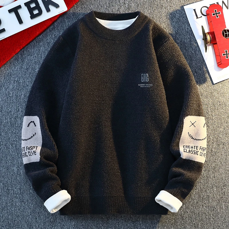 

Осень/зима модный свитер мужской пуловер сплошной цвет нашивка сохраняет тепло с круглым вырезом вязать удобный модный свободный