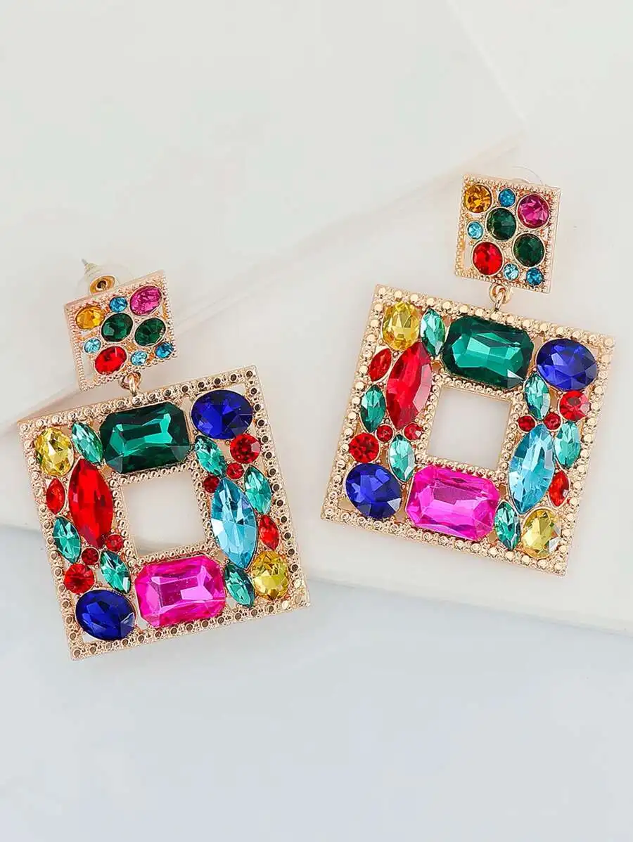 

Colorful Rhinestone Square Drop Earrings For Women