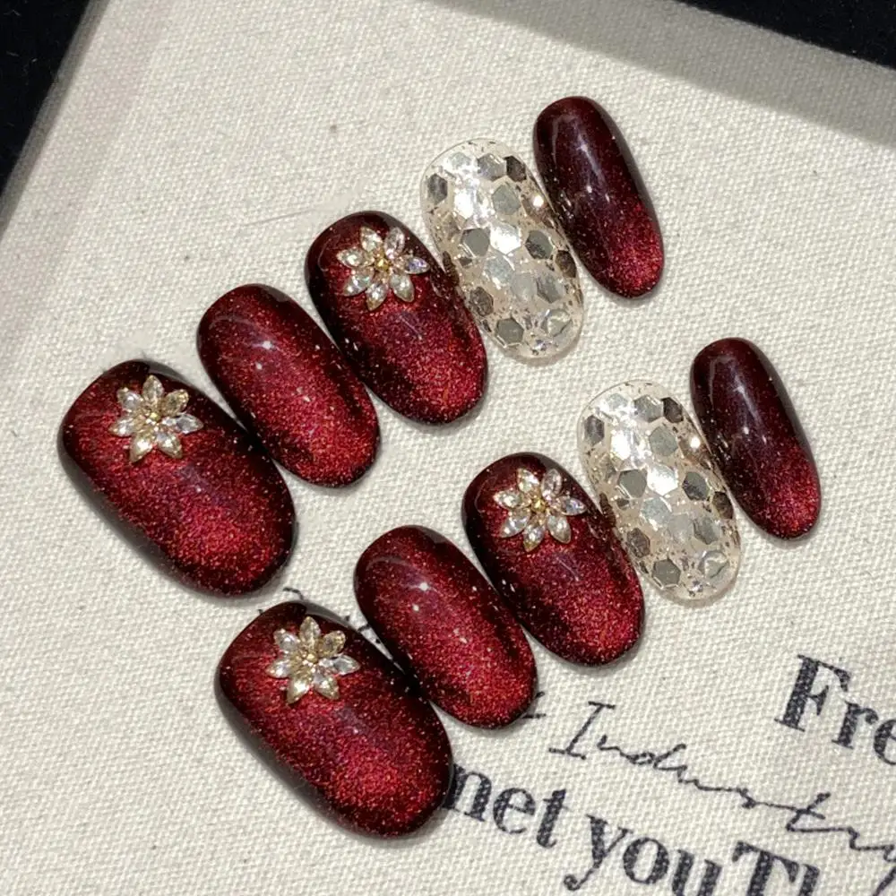 

10 шт., красный кошачий глаз, ручная работа, пресс для ногтей с бриллиантовым цветком, вспышка, накладные ногти, носимые ногти, полное покрытие, накладные ногти, Uñas Postizas 네일 премиальное
