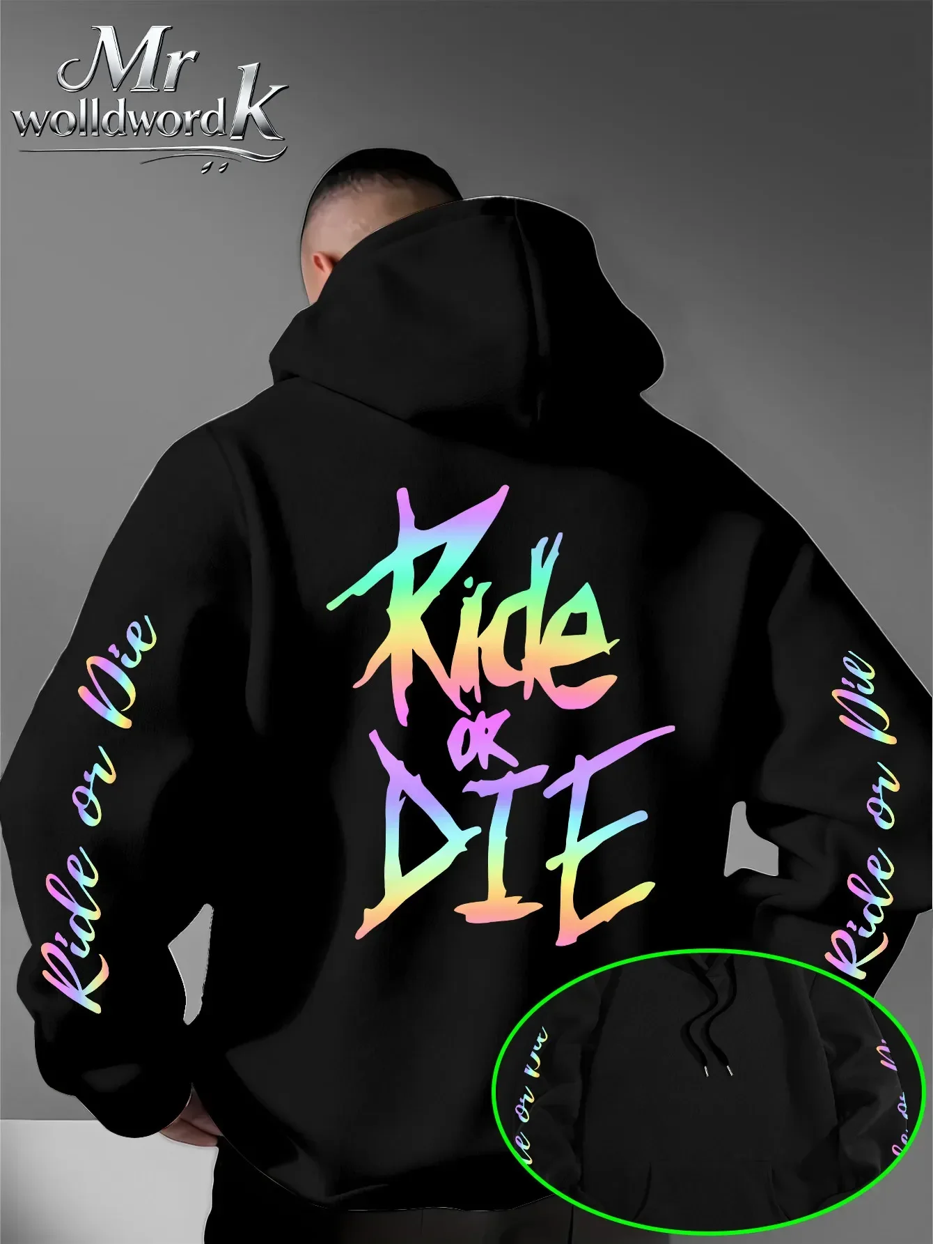 Men's Ride Or Die Hoodie Neon Graffiti Letter Graphic Back Sleeve Print Oversized Pullover Sweatshirt Streetwear Autumn Winter