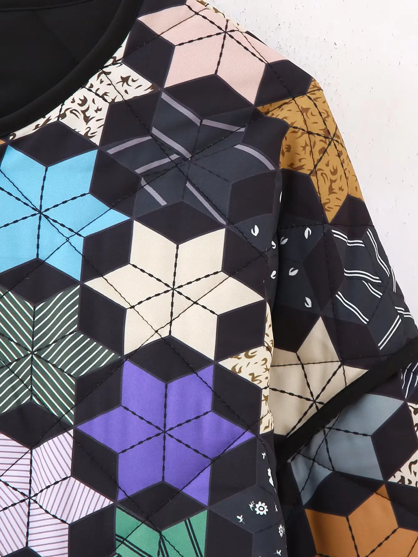 خريف شتاء جديد سترة مبطنة بالقطن للنساء موضة س الرقبة سستة كم طويل جيب التباين اللون هندسية طباعة معطف #6