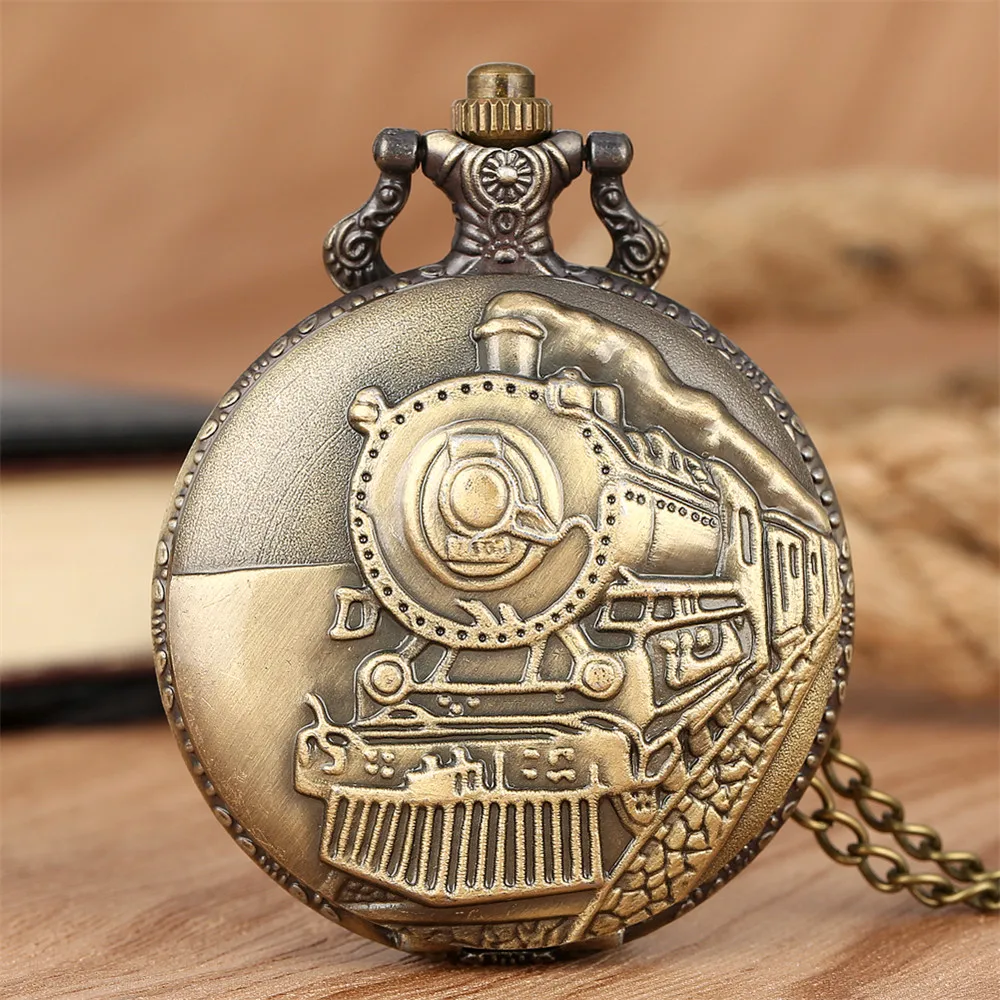 Vintage Classic Bronze Steam Train Design Pocket Watch, with Chain Necklace Quartz Pocket Watch, Gift Clock Chain for Men Kids