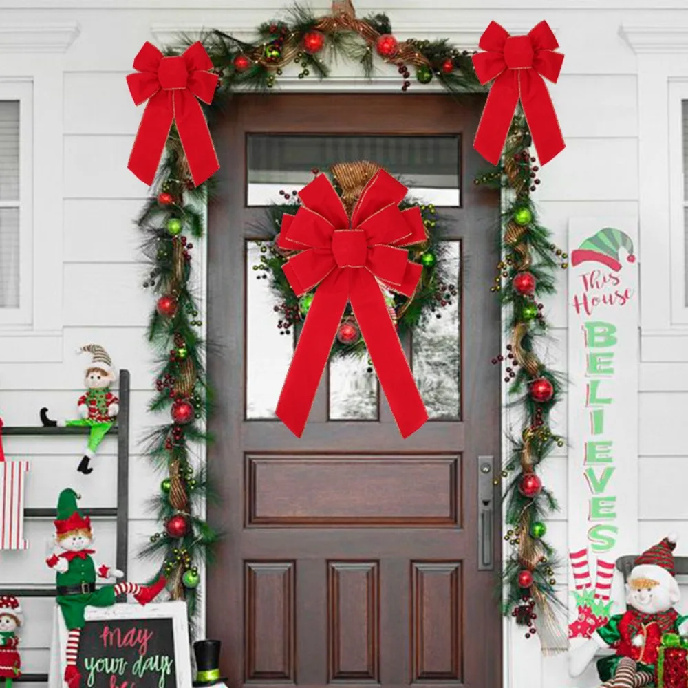 Multipurpose Gold Edge Christmas Tree Top Bow Red Large Size Wreath Bow DIY Flocking Front Door Bow Outdoor