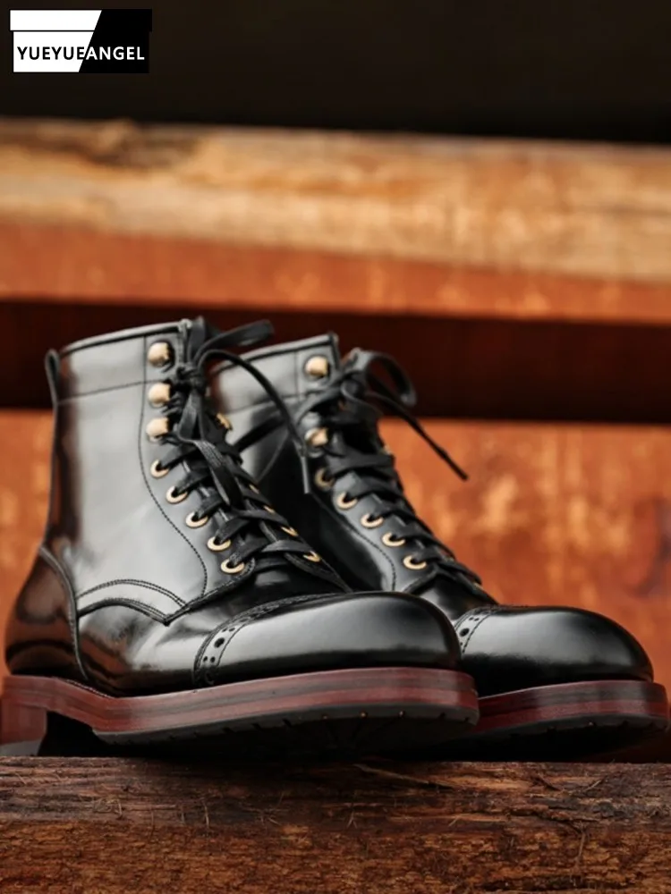Retro Style Genuine Leather Round Toe Lace-Up Hard-Wearing Boots Solid Color Cowhide Male Platform Mid Heel High Top Footwear