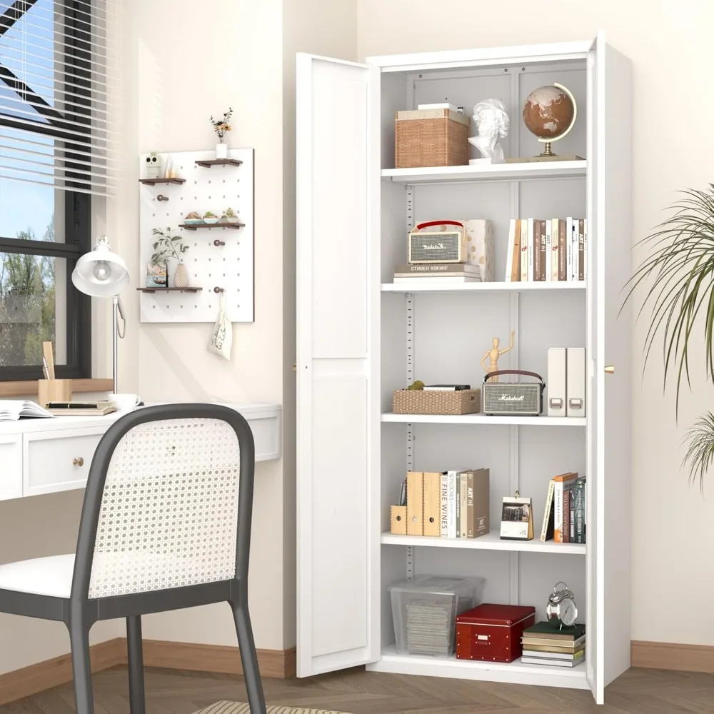 خزانة تخزين معدنية بيضاء مع بابين ورفوف لمنظم تخزين المواد الغذائية في غرفة الغسيل والمطبخ #5