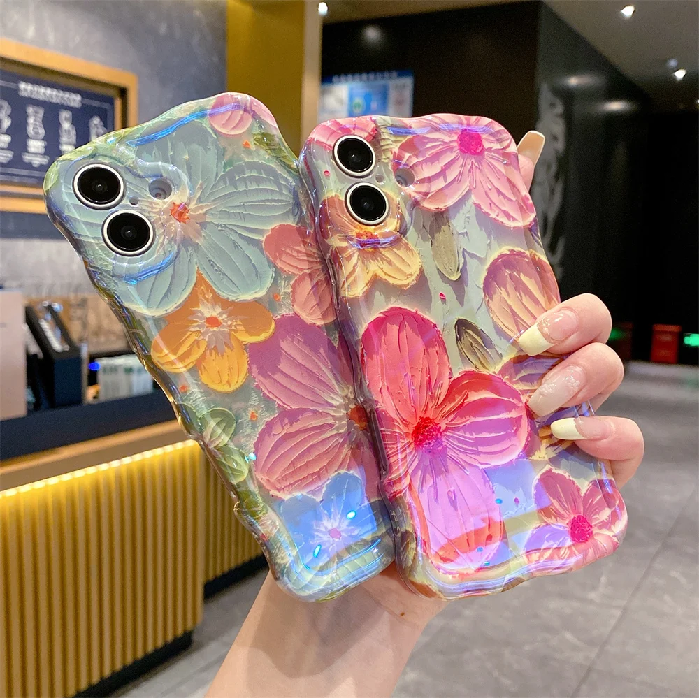 Ottwn Twisted Edge Blue Light Oil Painting Vibrant Flowers Phone Case For iPhone16 15 14 13 12 11 Pro Max Shockproof Back Shell