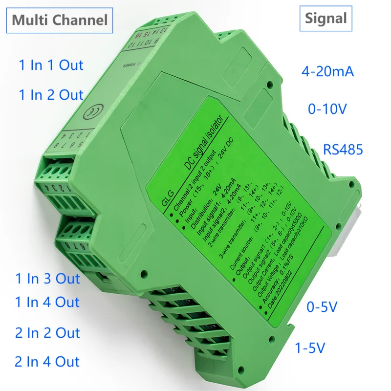 DC Analog Signal Isolator 4-20mA to 0-10V Analog Signal Isolator 1 In 2 Out 24VDC 0-10V to 4-20mA Signal Converter Isolator