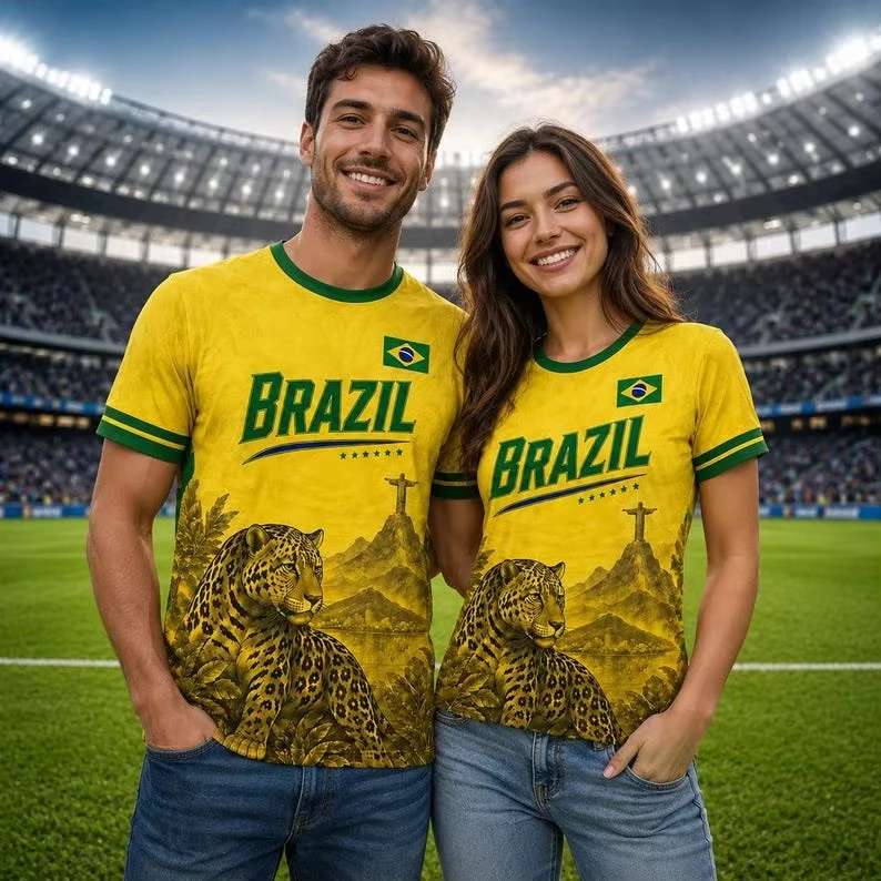 Retro Adults Kids Brazil Soccer Jersey V‑Neck Gradient Feather Print Green‑Yellow Swirl Pattern 2026 Crest Fan Football Shirt