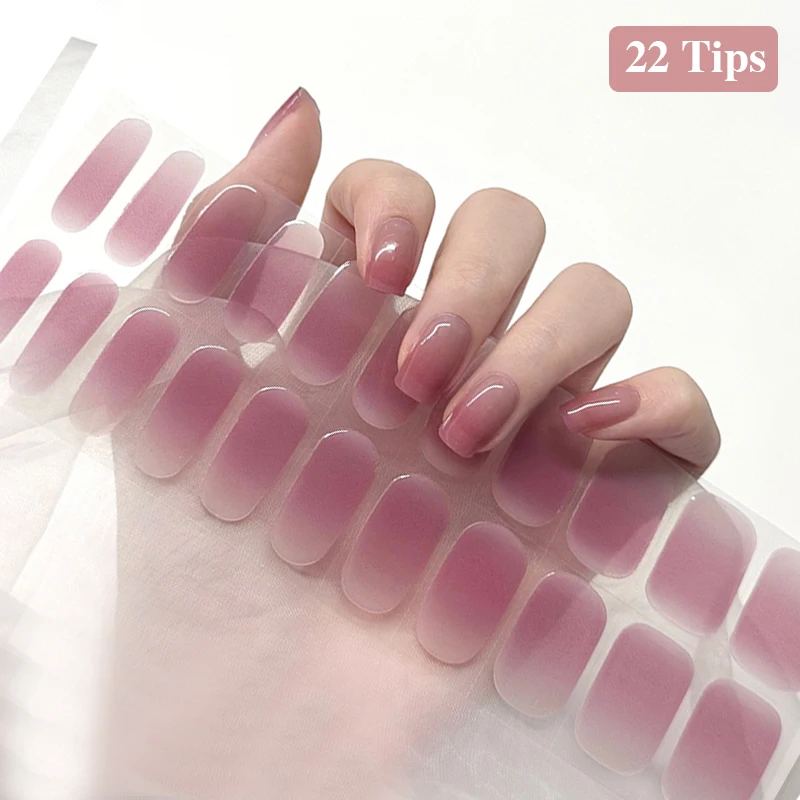 20/22Tips Gradient Jelly Pink Semi Cured Gel Nail Strips Waterproof Self Adhesive Long Lasting Gel Polish Stickers For Nails DIY