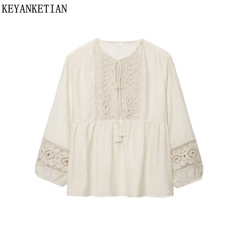 

KEYANKETIAN Summer New Women's Hollowed-out crochet patchwork shirt Bohemian style Lace Up O-Neck Loose Pullover Blouses Top