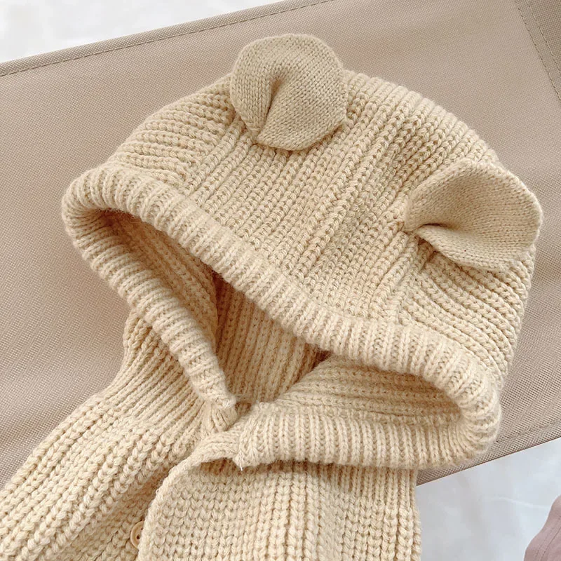 Korean Style Solid Color Children\'s One-Piece Hat Sleeve Cap Baby Autumn and Winter Earflaps Warm Knitted Hat Tide