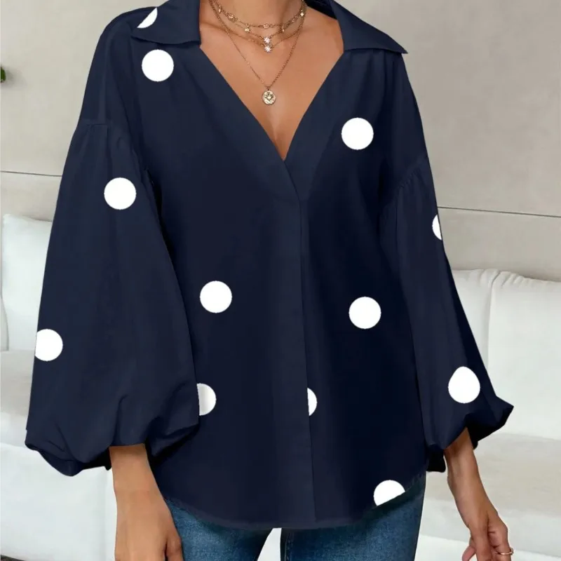 

Autumn Fashion Polka Dot Printed Shirt Women Lapel Bubble Long Sleeved Button Up Shirt Casual Shirt Women