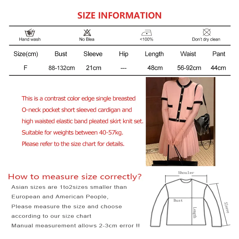 Women Sweet Contrast Color Edge O-neck Single Breasted Pocket Short Sleeved Cardigan High Waist Pleated Skirt Knit Versatile Set