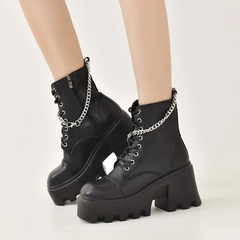 Side Zip Women Platform Shoes Black Gothic Buckle Pu Leather Woman Creeper Punk Shoes Female Black Ankle Short Boots