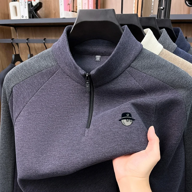 Designer Trendy New Half Zip Long Sleeved Warm T-Shirt Autumn Winter Comfort Mock Neck Printed Tops Daily Casual Men's Clothing - view 4