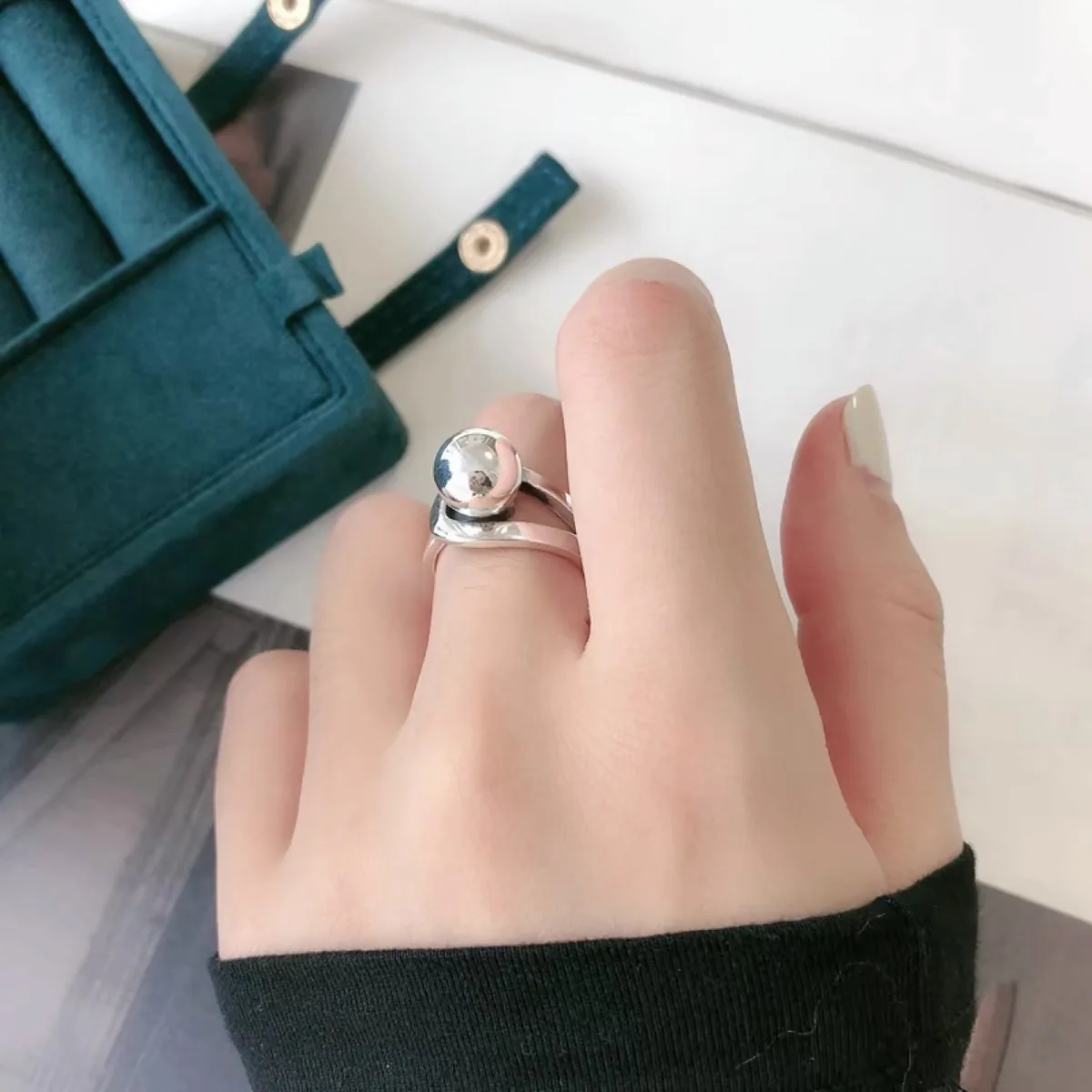 Women's 925 Sterling Silver Adjustable Vintage Big Ball Ring