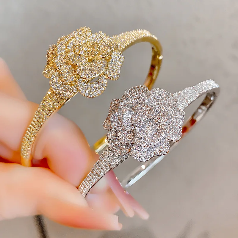 Luxury Full Pave CZ Stone Large Flower Bangle Bracelet Women Gold Silver Color Wedding Bridal Jewelry