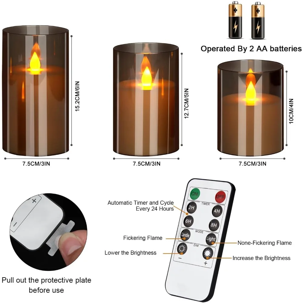 شموع LED عديمة اللهب مع مجموعة تحكم عن بعد مكونة من 3 أعمدة رمادية أكريليك تعمل بالبطارية، 4 بوصة، 5 بوصة، 6 بوصة × 3 بوصة، تأثير وامض بقطر