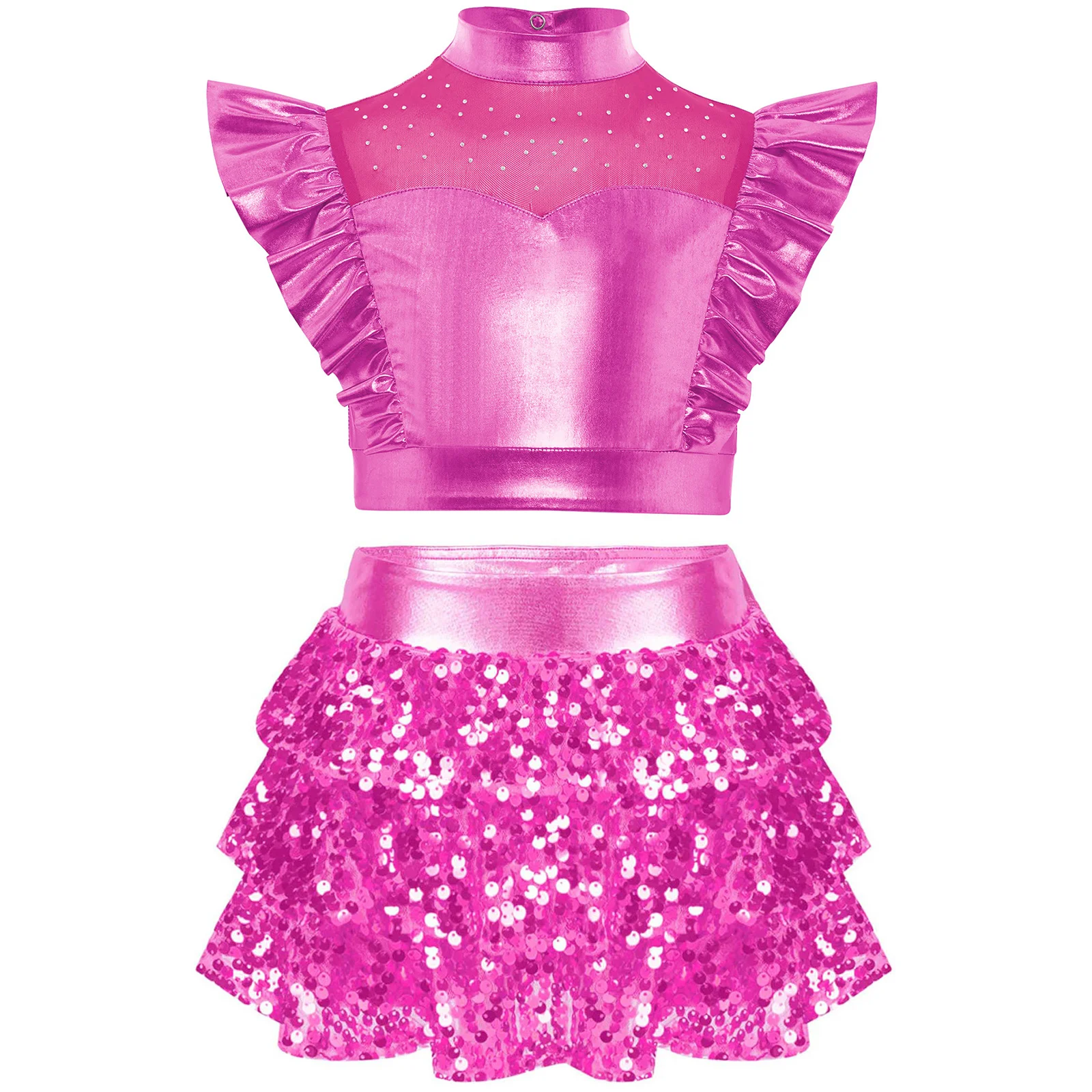 Kids Girls Jazz Hip-hop Dance Outfit Girls Ballet Dance Costumes 2pcs Metallic Ruffle Crop Top + Shiny Sequins Ruffled Culottes view 2