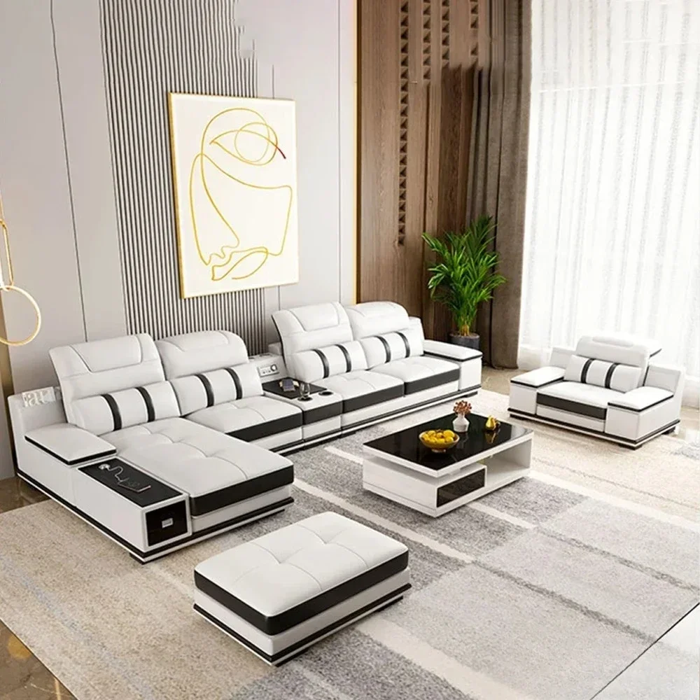 

Modern Genuine Leather Sofa Living Room By MINGDIBAO - Stylish Italian Couch with Bluetooth Speaker, USB & Adjustable Headrests