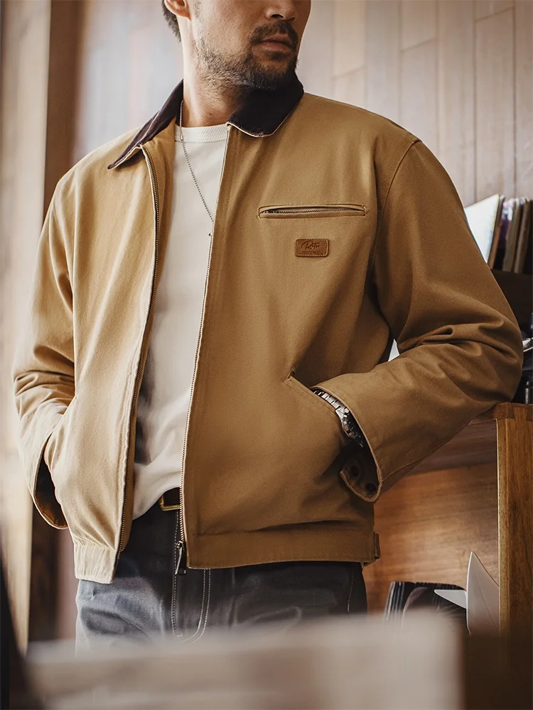 

Maden American Sle Hunting Jaet Men's Canvas Stand Collar Workwear Retro Detroit Coat Autumn Casual Long Sve Zi...
