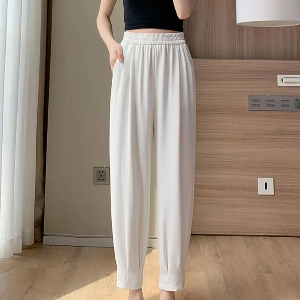 

High Waist Elastic Waistband Women Pants Pockets Shrinkable Cuffs Summer Casual Ice Silk Harem Trousers Streetwear Cotton Linen