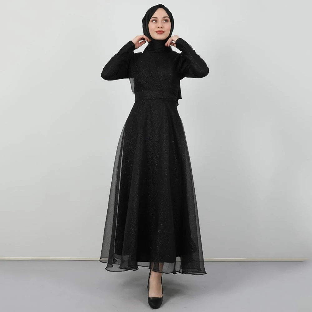 

Customized Yipeisha Fashion Simple Black Tulle Long Women Gala Gowns Pleat High Neck A-line Full Sleeves Tea Length Formal Eveni