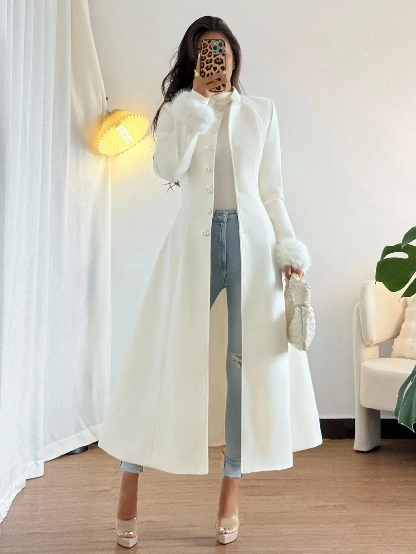 

Элегантное белое длинное пальто с манжетами и пуговицами из искусственного меха, зимне-осенний стиль для женщин