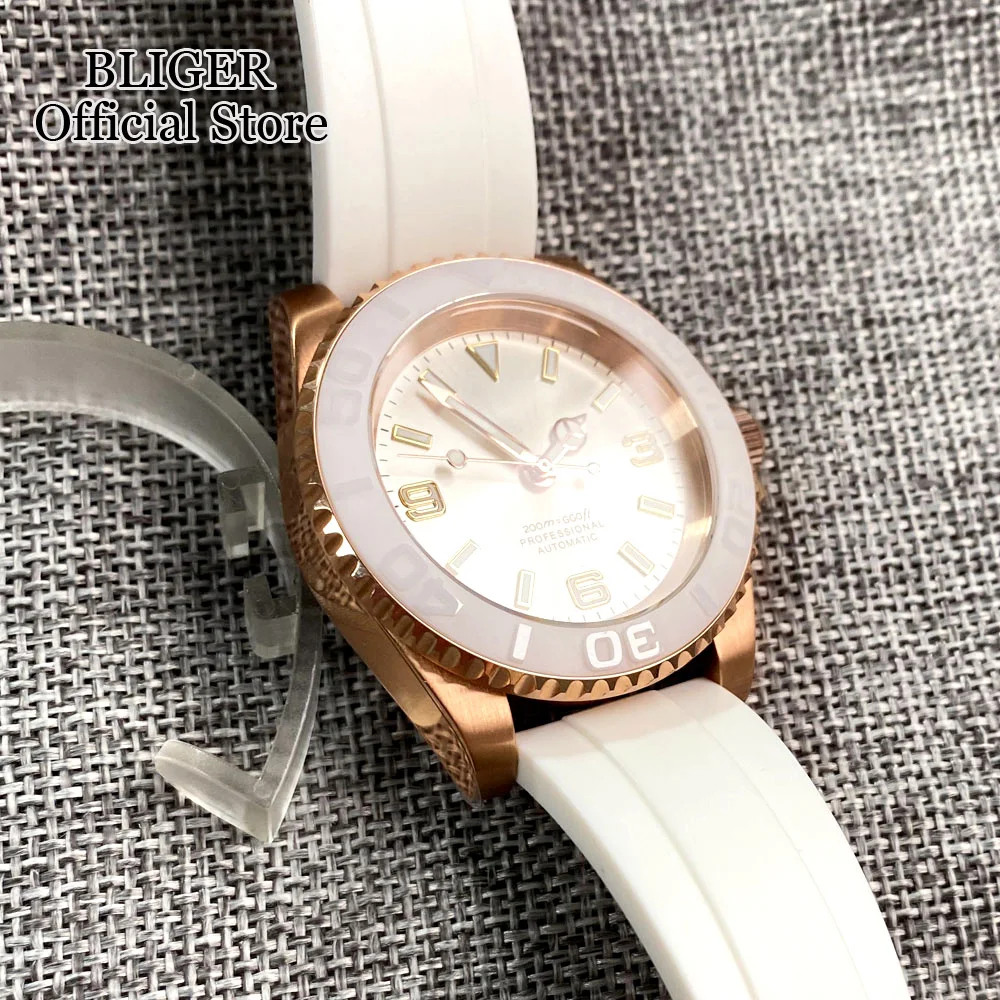 BLIGER Rose Gold NH35A PT5000 40mm Automatic Dive Watch Men Sapphire Glass Ceremic Insert White Rubber Strap Folding Buckle