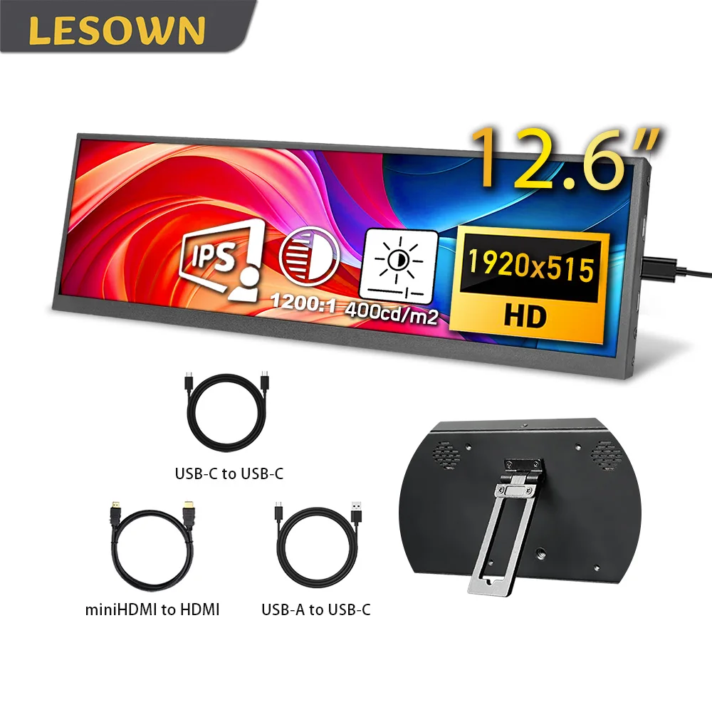 LESOWN Strip Display 12.6 Inch 1920x515 IPS Laptop Secondary Monitor Auxiliary Sidebar Display for PC Windows mac OS Plug & Play