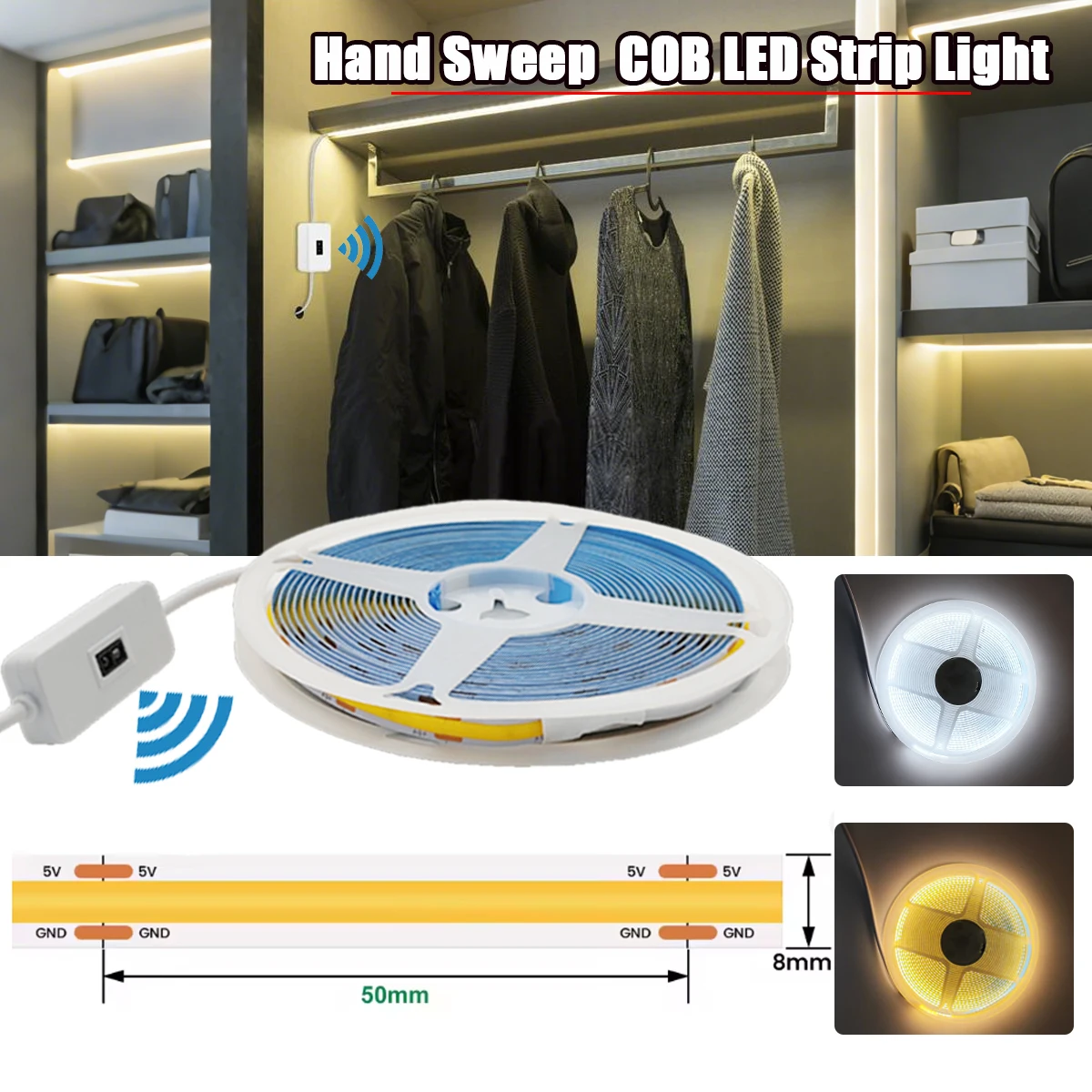 5V USB COB LED Strip Light with Hand Sweep Motion Sensor, Backlight Lights, USB Powered,Lights For Kitchen Cabinet Home Decor