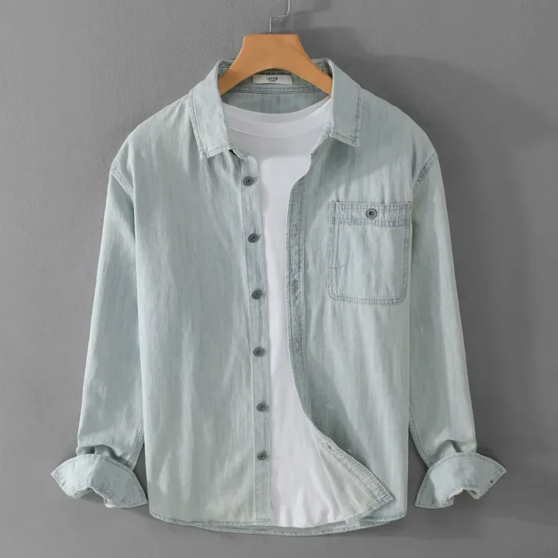 

Retro Light Blue Denim Shirt Men Spring Fall Casual Long Sleeve Jean Shirts Male Lapel Pure Cotton Cowboy Top Simple Clothing