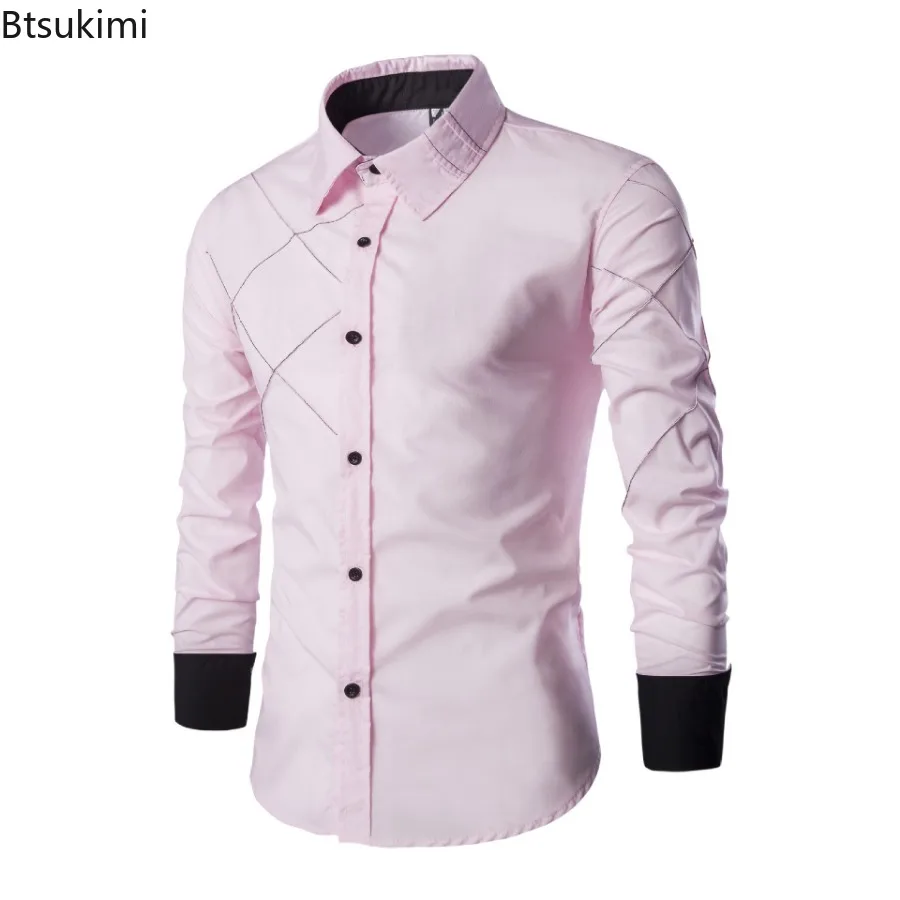 2024 New Men\'s Patchwork Slim Fit Long Sleeve Lapel Shirts Men Cotton Single Breasted Business Style Formal Shirts Male Camisas