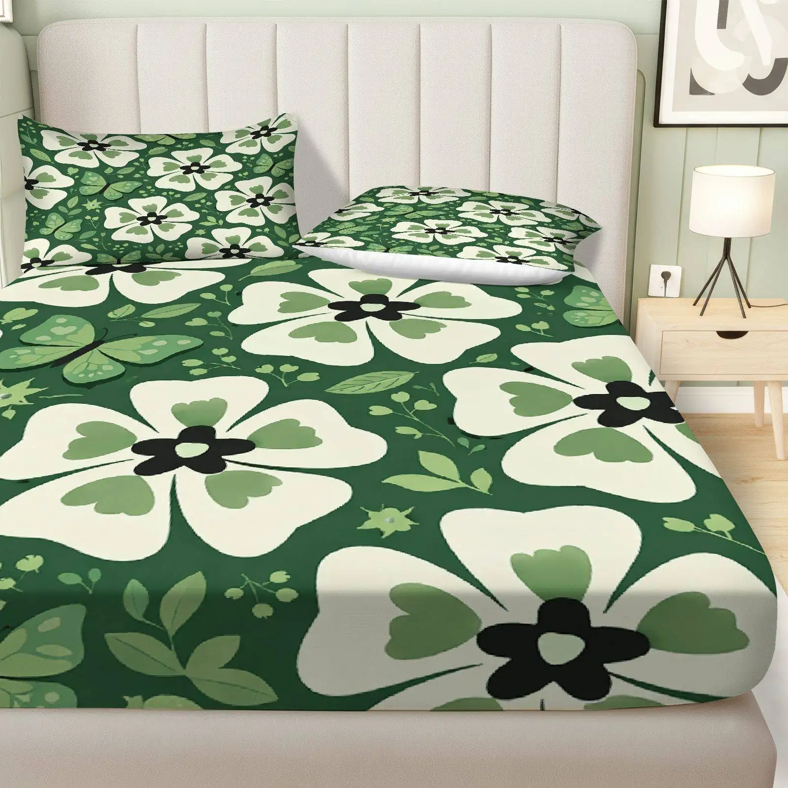 Three-piece fitted sheet set, digital print fitted sheet set, bedding (includes 1 fitted sheet + 2 pillowcases), natural theme, large capacity deep pocket 2D printed fitted sheet and 2 pillowcases, mattress protector, fitted elastic style, suitable for all seasons, machine washable design, holiday decoration, various sizes, breathable protector with pillowcases