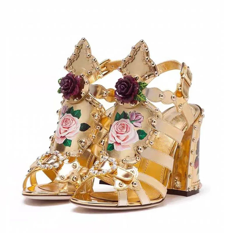 Rome Style Gold Print Flowers Peep Toe Summer Women Sandlas Chunky High Heels Buckle Strap Design Large Size Customized Shoes