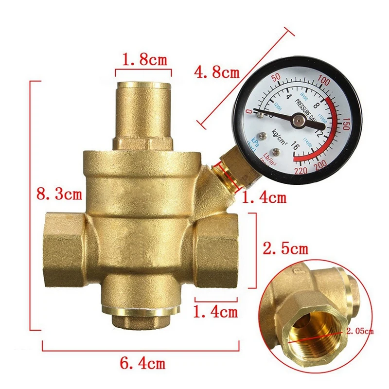 ABGR-Water Pressure Regulator 1/2 Inch With Gauge, Hardness Brass, Adjustable Water Pressure Reducing Valve Water