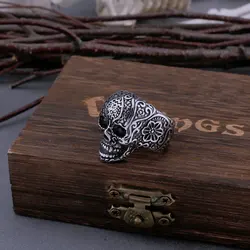 Stainless Steel Retro Flower Skull Ring Men's Gothic Hip Hop Fashion Biker Ring Men's Jewelry Gift Wooden Box Dropshipping