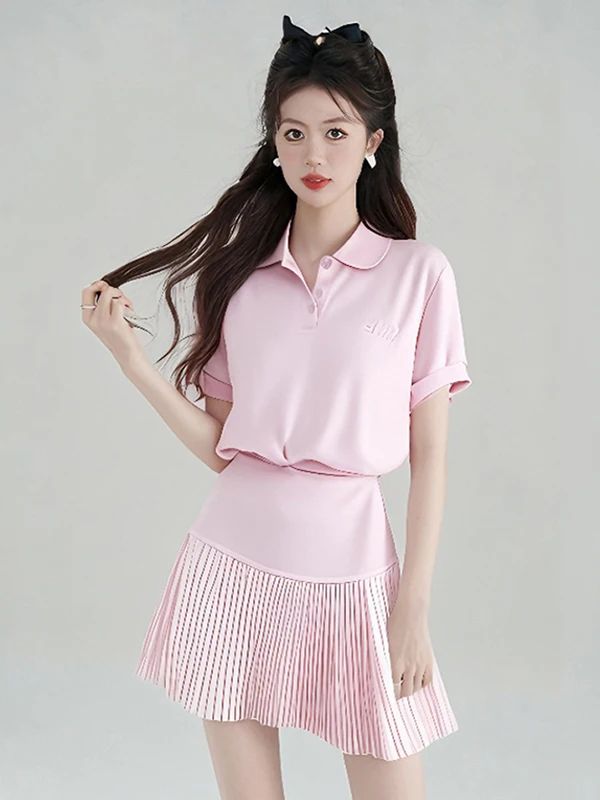 Tenue d'été rose Ne t-shirt jupe ensemble décontracté Anti-âge taille haute jupe trapèze ort Sve mi-longue printemps Faion