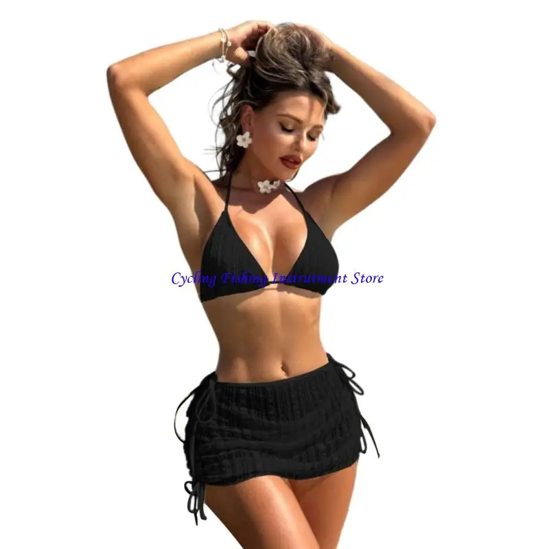 

G92F Women Two Piece Low Waist Halterneck Thong Swimsuit Set with Beach Coverup Wrap