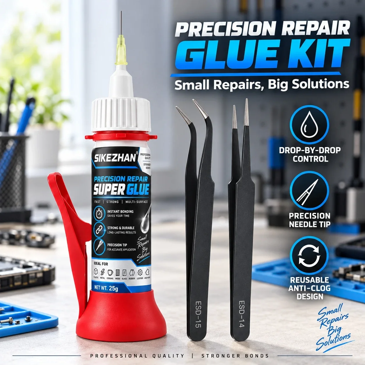 SIKEZHAN 25g Precision Super Glue with 2 ESD Tweezers, Instant Strong Adhesive for Plastic Metal Wood Glass DIY Model Repair