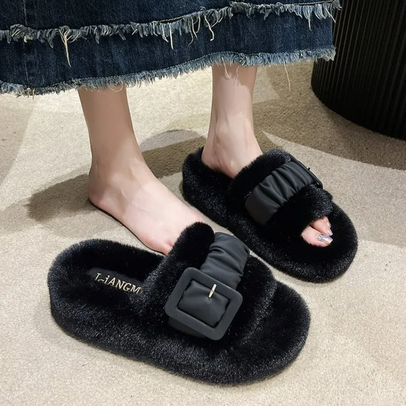 2024 Women's Autumn and Winter New Thick Sole Plush Slippers Wearing Fairy Style Plush Cotton Shoes Outside Women's Shoes