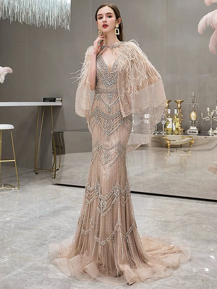 

High-end Prom Dress Mermaid Beaded Sequins Wearing shawl V-neck Open Back Sleeveless Wedding Special Occasion Evening Dress New