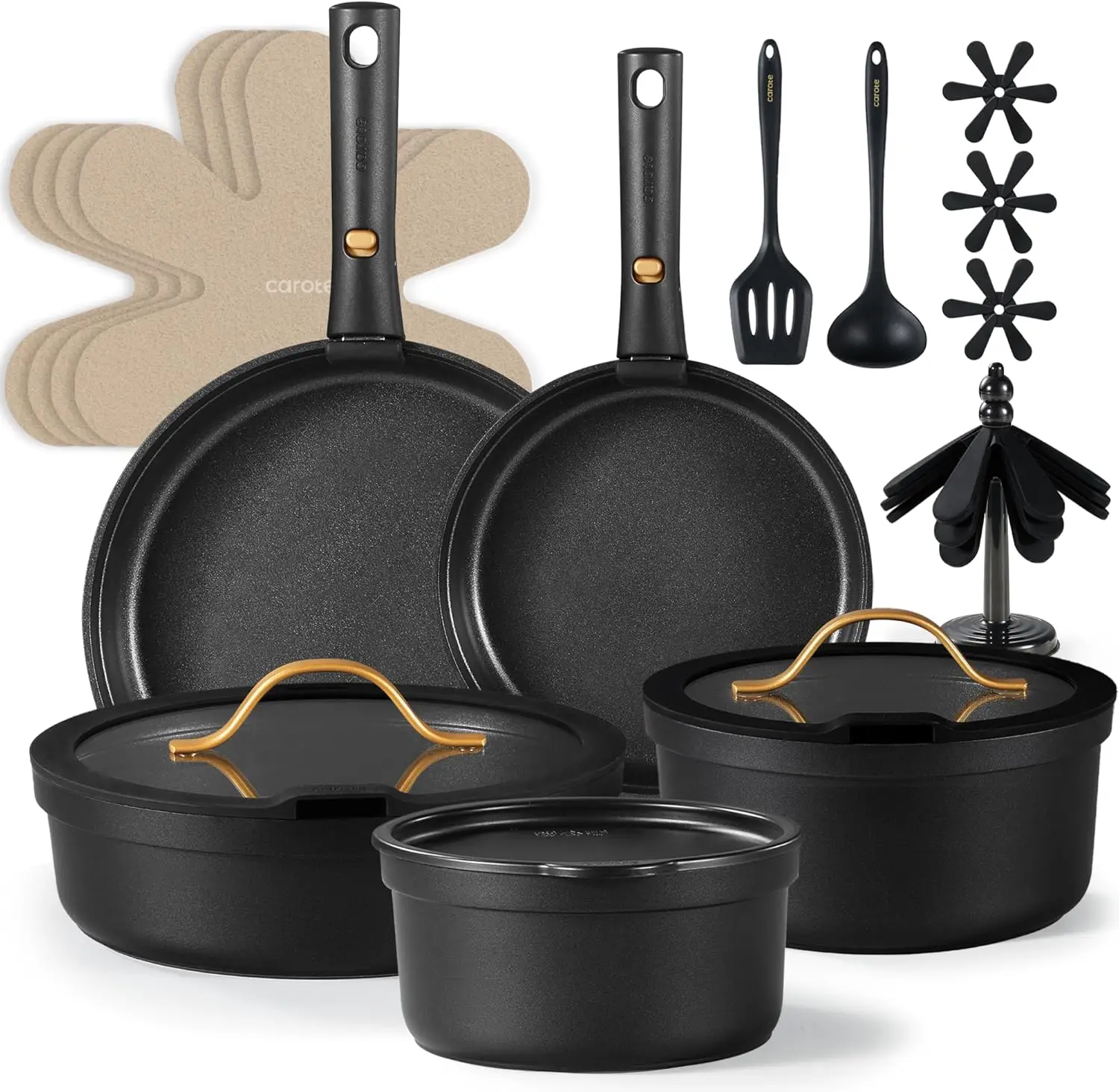 

19-Piece Nonstick Cookware Set with Detachable Handles, Dishwasher & Induction Safe, Black Kitchen Essentials